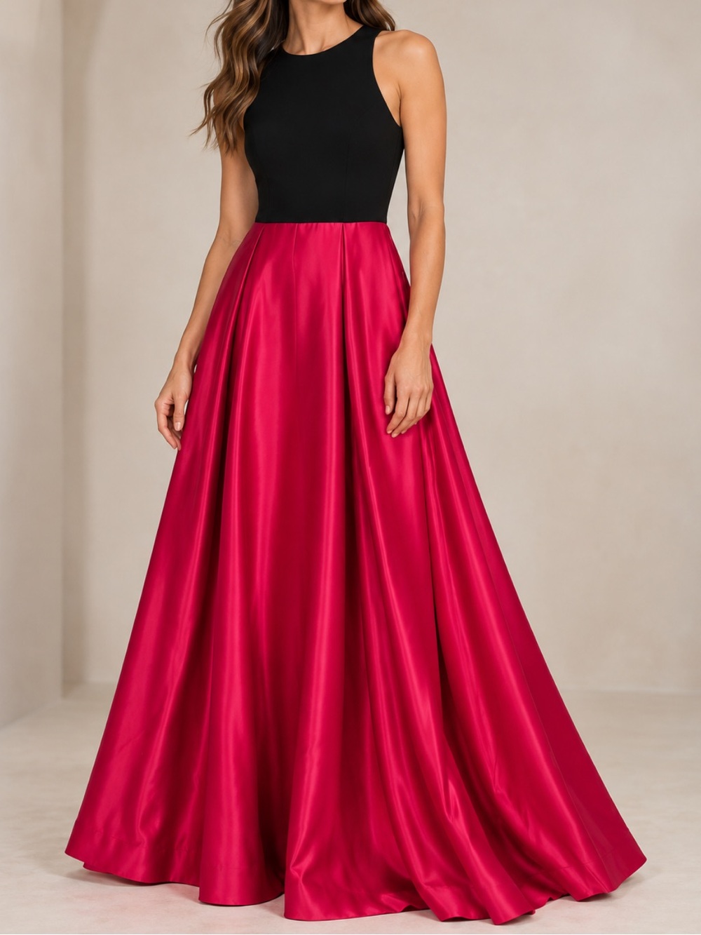 Betsy & Adam Black Pink Satin Colorblock Maxi Gown Size 6